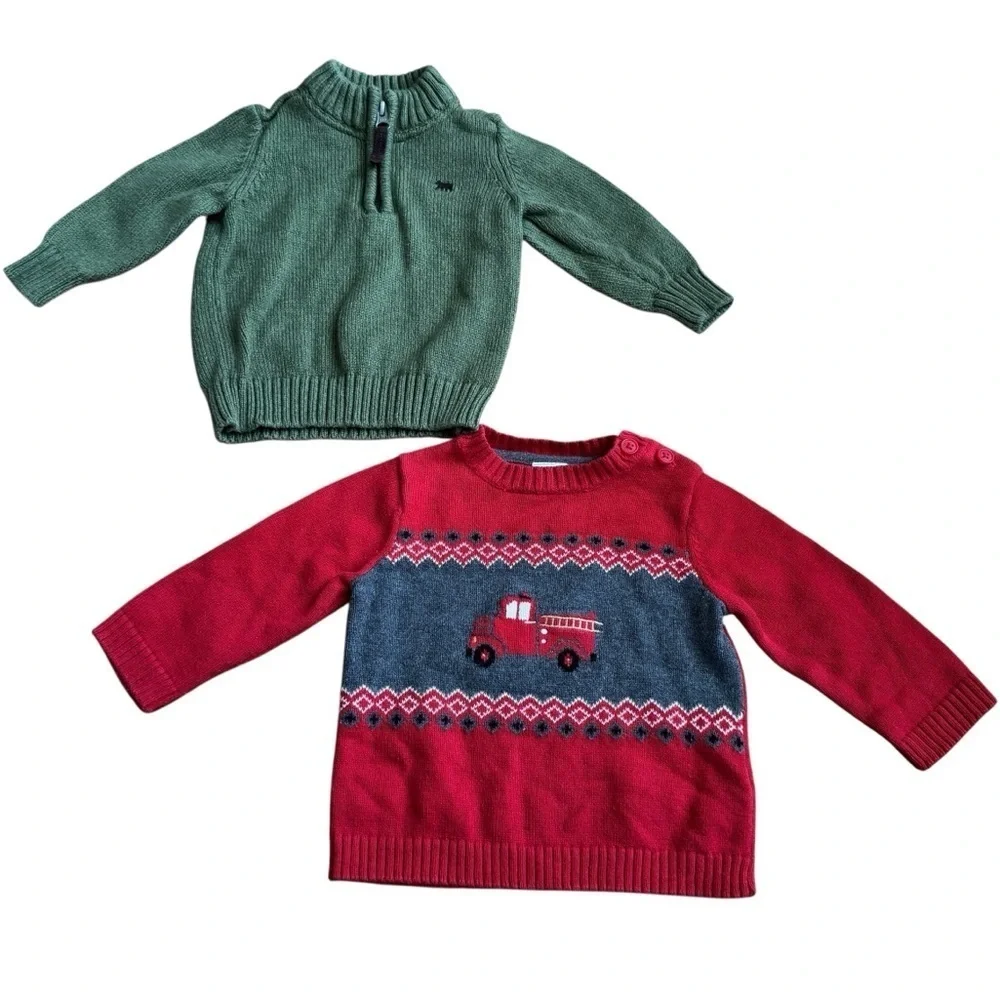 Bundle 6M Baby Boy Christmas Sweater Knit Pullover Red Green 2PC Set